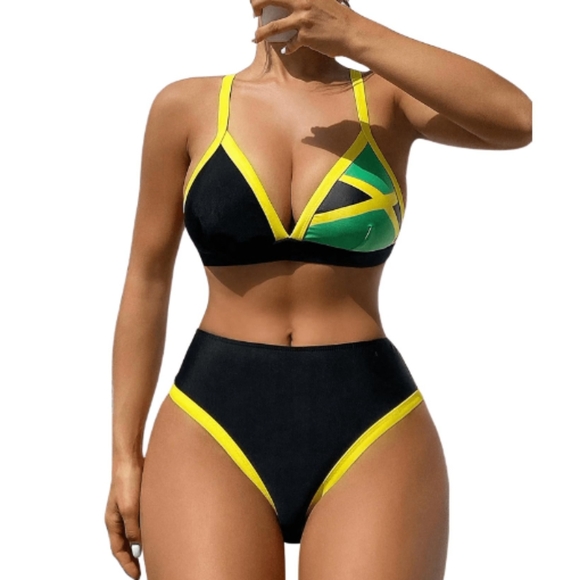GORGLITTER Women's Triangle Jamaica Swimsuits Color Block High Waisted Bikini - Picture 1 of 6